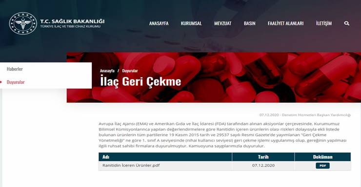 Ranitidin İceren İlaçlar Geri Çekildi